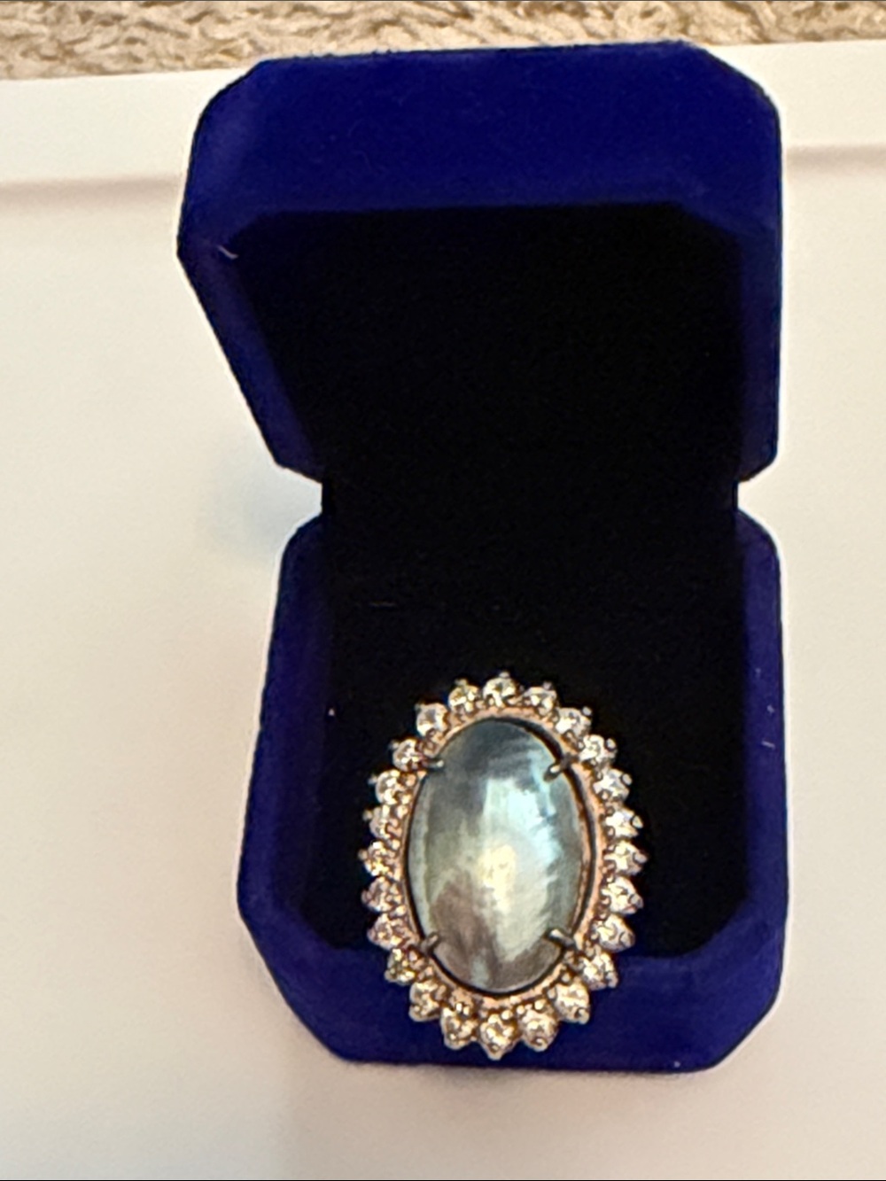 Elegant Oval Mother of Pearl Mirror Ball Ring with Halo Accents - Silver 925